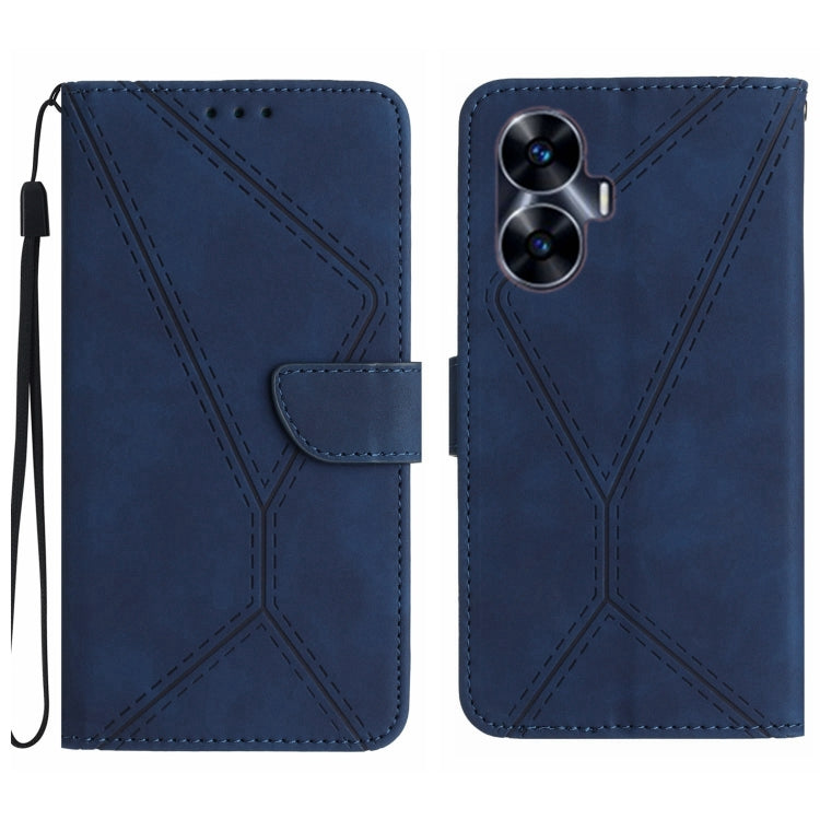 Blue embossed leather phone case with stitched geometric pattern, flip cover and wrist strap