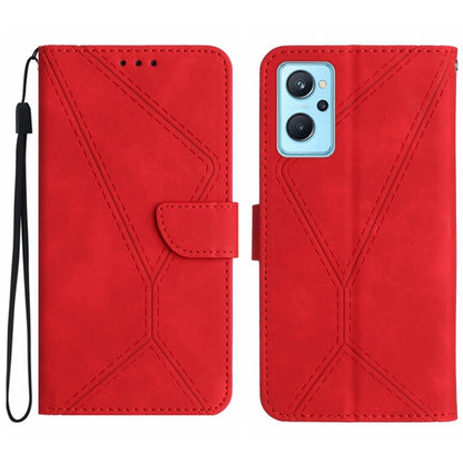 Red embossed leather flip phone case with stitched pattern and dual camera cutout