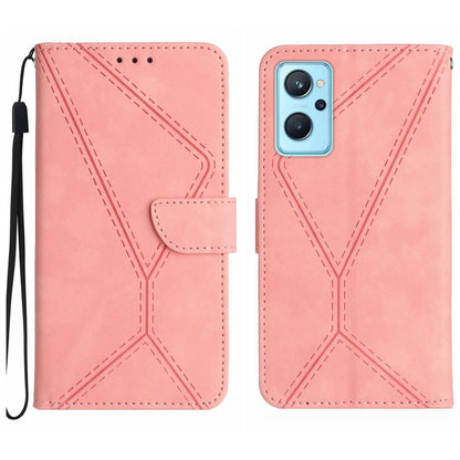 Light pink embossed leather phone case with wrist strap and stitched geometric design, camera opening