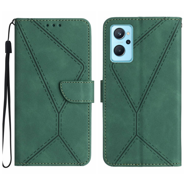 Green embossed leather wallet-style phone case with stitched pattern, wrist strap and camera cover