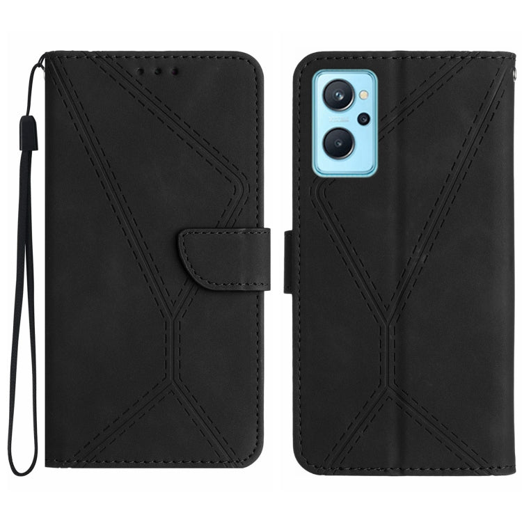 Black embossed leather phone case with stitched geometric pattern, flip cover and wrist strap
