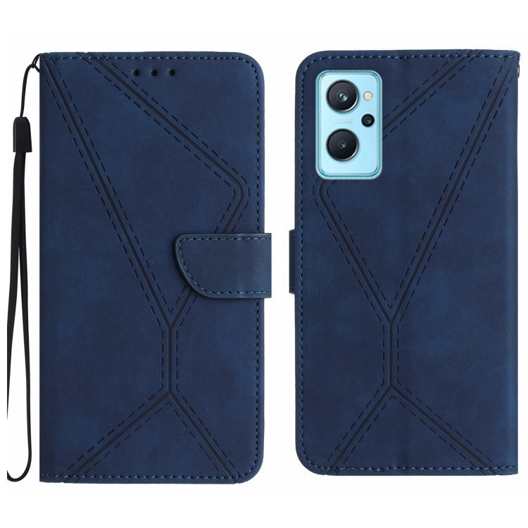 Blue embossed leather phone case with stitched geometric embossing, flip cover and wrist strap