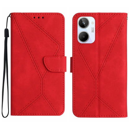 Red embossed leather flip phone case with stitched pattern and camera cutout