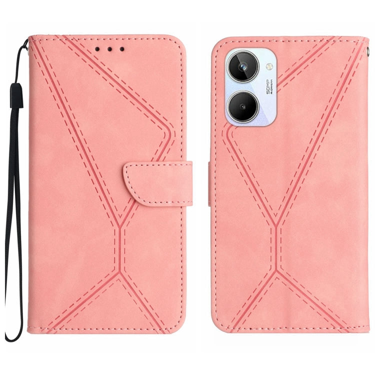 Light pink embossed leather phone case with wrist strap, stitched geometric pattern, camera cutout