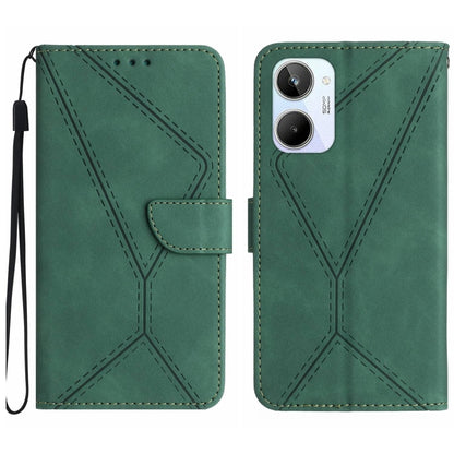Green embossed leather phone case with stitched pattern, wrist strap, card pocket and camera openings