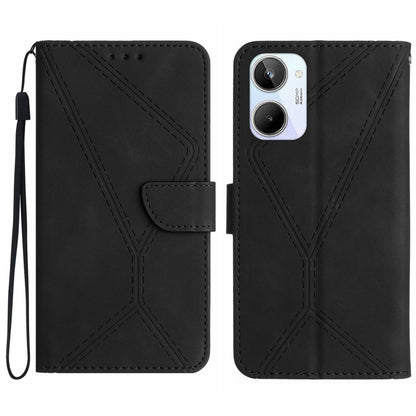 Black embossed leather phone case with stitched geometric design, flip cover and wrist strap