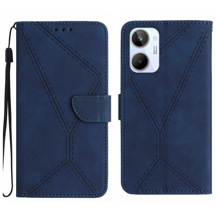 Blue embossed leather phone case with stitched geometric pattern, flip cover and wrist strap