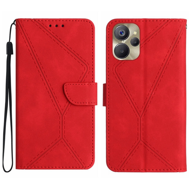 Red embossed leather phone case with wrist strap and stitched geometric pattern, front and back