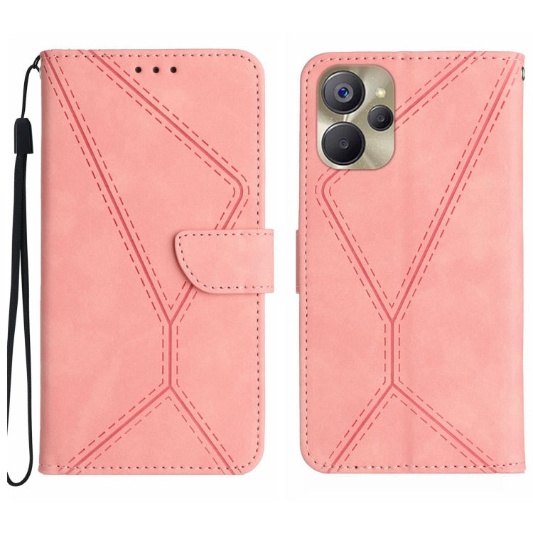 Light pink embossed leather phone case with wrist strap and stitched geometric pattern, front and back