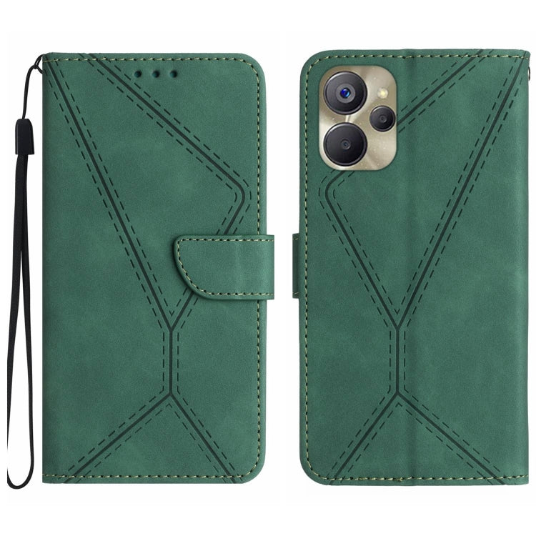 Green embossed leather phone case with stitched pattern, wrist strap and back camera window