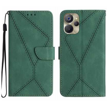 Green embossed leather phone case with stitched pattern, wrist strap and back camera window