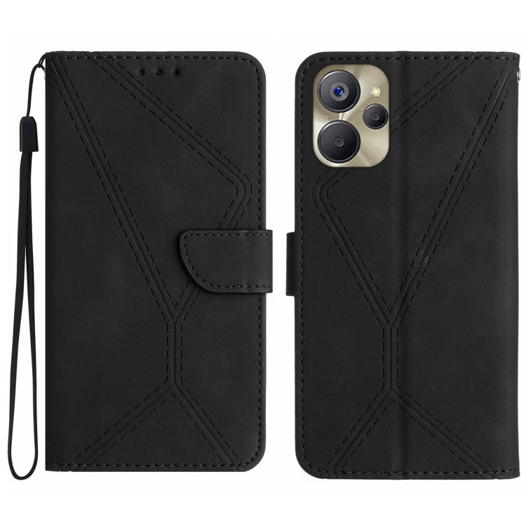 Black embossed leather phone case with stitched geometric pattern, flip cover and wrist strap