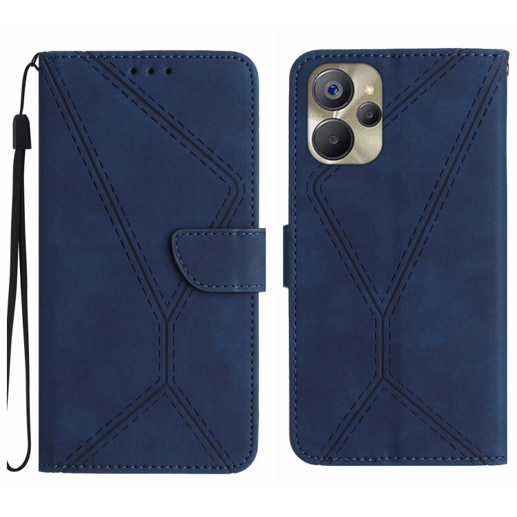 Blue embossed leather flip phone case with wrist strap and stitched geometric pattern