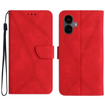 Red embossed leather phone case with wrist strap, stitched geometric pattern, camera cutout visible