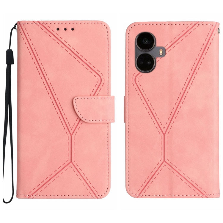 Light pink embossed leather phone case with wrist strap, stitched geometric design, camera module opening