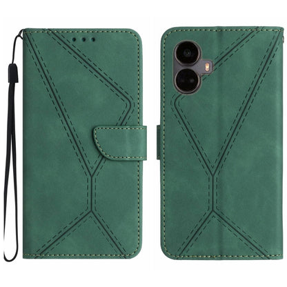 Green embossed leather phone case with stitched pattern, wrist strap and camera openings on back