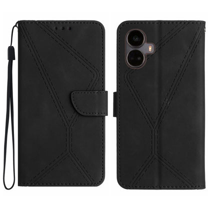 Black embossed leather phone case with stitched geometric embossing, flip cover and wrist strap