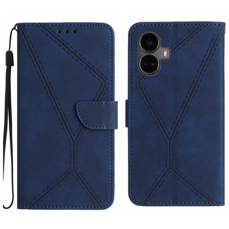 Blue embossed leather flip phone case with wrist strap; back shows dual camera cutout