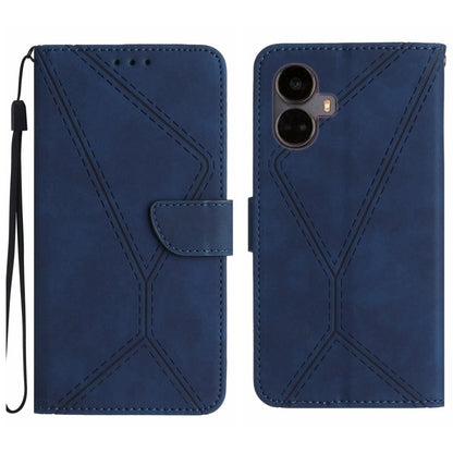 Blue embossed leather flip phone case with wrist strap; back shows dual camera cutout