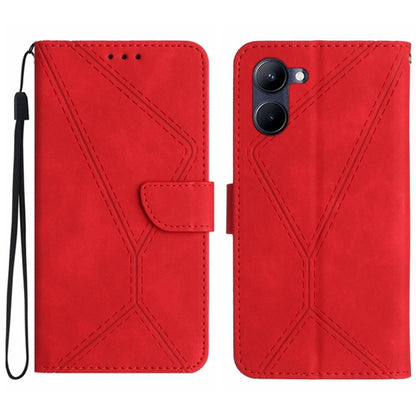 Red embossed leather phone case with wrist strap and stitched geometric design, camera cutout