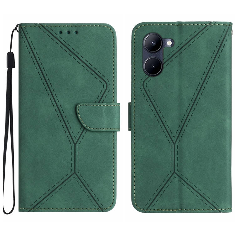 Green embossed leather phone case with stitched pattern, wrist strap and card slot detail