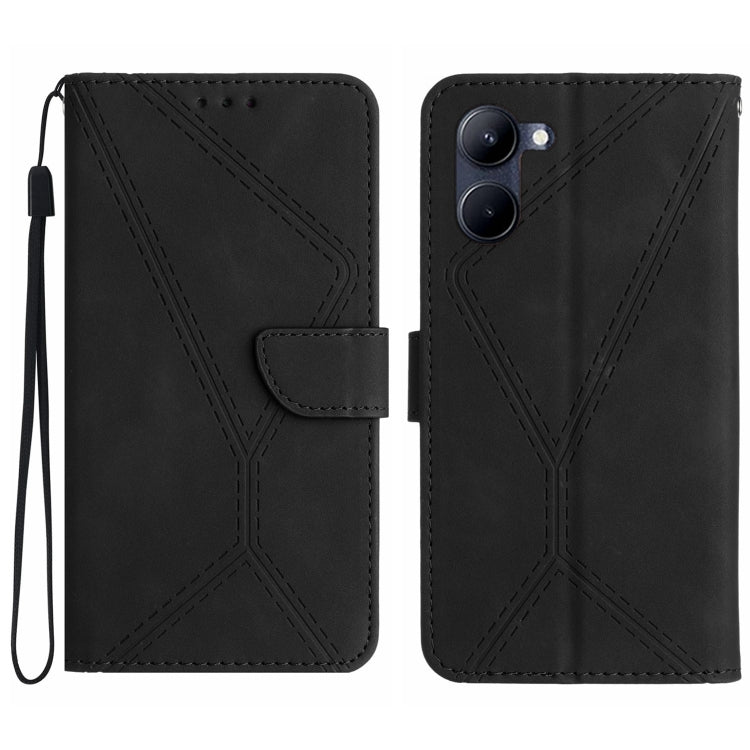 Black embossed leather phone case with stitched geometric embossing, flip cover and wrist strap
