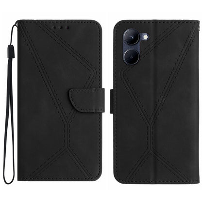 Black embossed leather phone case with stitched geometric embossing, flip cover and wrist strap