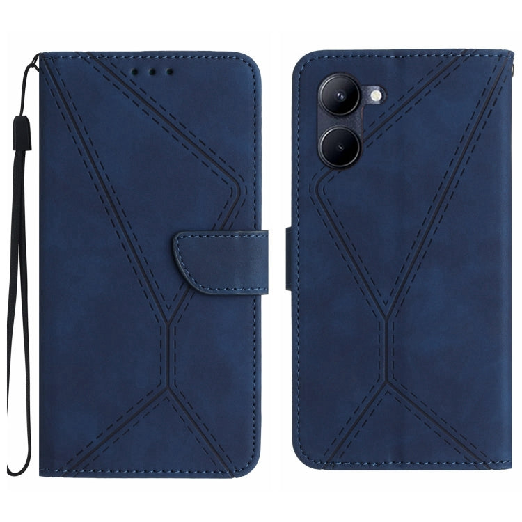 Blue embossed leather flip phone case with wrist strap; back shows triple camera cutout