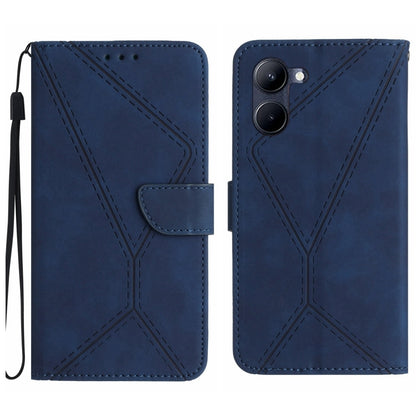 Blue embossed leather flip phone case with wrist strap; back shows triple camera cutout