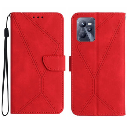 Red embossed leather phone case with wrist strap, stitched geometric pattern, camera module opening