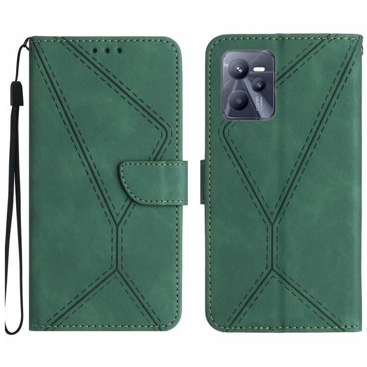 Green embossed leather phone case with stitched pattern, wrist strap and rear camera window