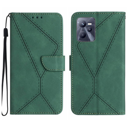 Green embossed leather phone case with stitched pattern, wrist strap and rear camera window