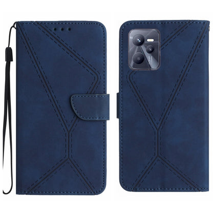 Blue embossed leather flip phone case with wrist strap; back shows multi-lens camera cutout