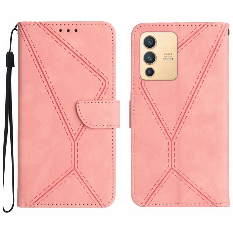 Pink embossed leather-style phone case with stitched geometric pattern and wrist strap