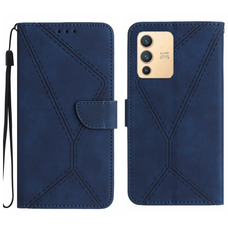 Blue leather phone case with embossed stitching pattern and flip wallet flap