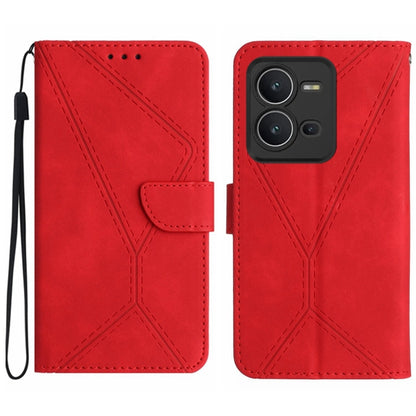 Red leather phone case with embossed stitching pattern and flip wallet flap
