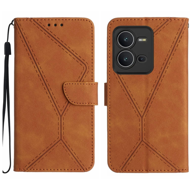 Brown leather phone case with embossed stitching pattern and flip wallet flap
