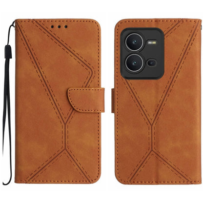 Brown leather phone case with embossed stitching pattern and flip wallet flap