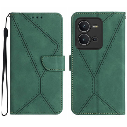 Green leather phone case with embossed stitching pattern and flip wallet flap