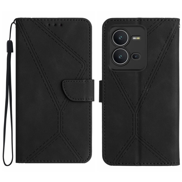 Black leather phone case with embossed stitching and front flip wallet strap