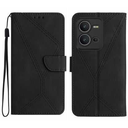Black leather phone case with embossed stitching and front flip wallet strap