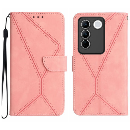 Light pink leather phone case with embossed stitching and front flip wallet flap