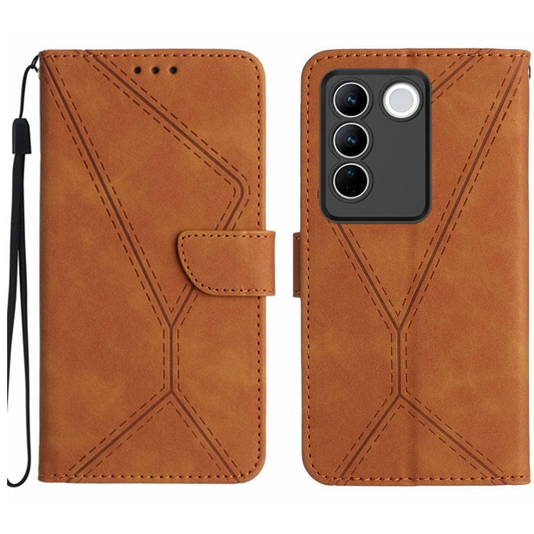 Brown leather phone case with stitched embossed pattern, flap, and wrist strap