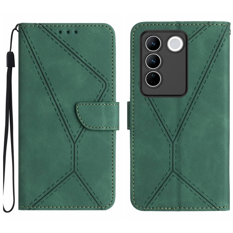 Green leather phone case with stitched embossed pattern, flap, and wrist strap