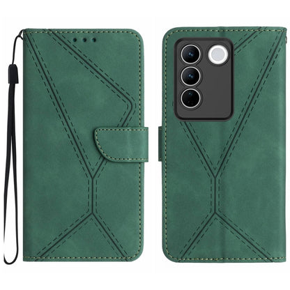 Green leather phone case with stitched embossed pattern, flap, and wrist strap