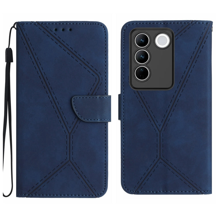 Blue leather phone case with stitched embossed pattern, flap, and wrist strap