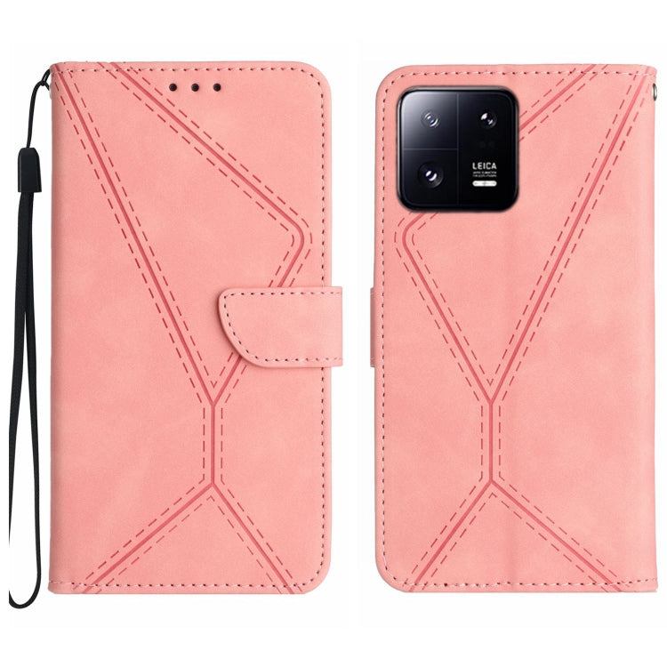 Pink embossed leather phone case with flip cover, stitched pattern and front card pocket.