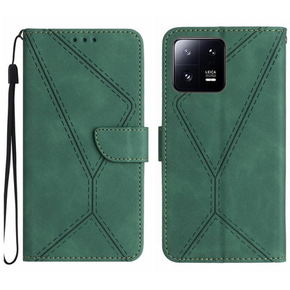 Green embossed leather phone case with flip cover, stitched design and card pocket.
