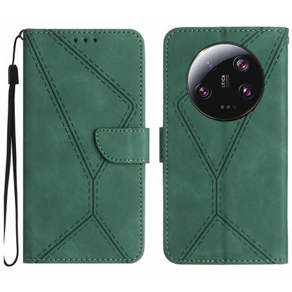Green embossed leather flip phone case with stitched pattern and wrist strap loop