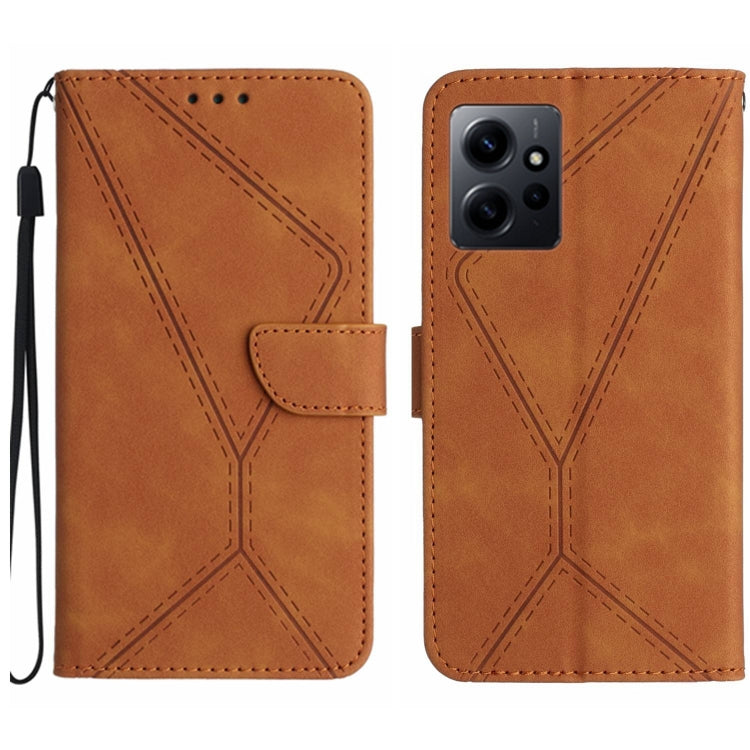 Brown embossed leather phone case with stitched geometric pattern and wrist strap.